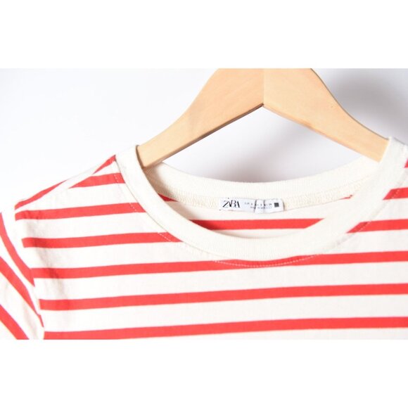 Zara Red and Ivory Striped Peplum Waist Short Sleeve Tee Shirt Blouse Size S - Picture 2 of 10